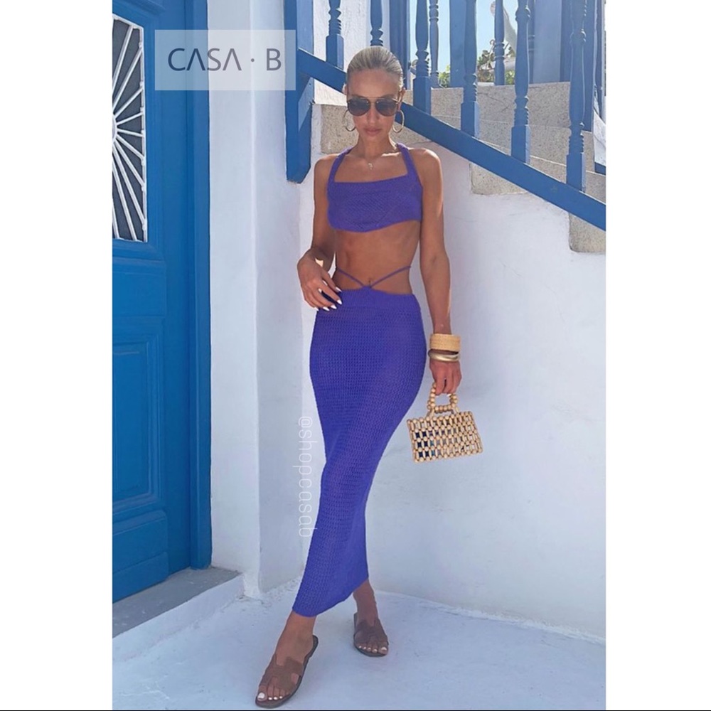 WORN ONCE!💫CASA B| PAPHOS Knitted Crochet Maxi Skirt Cover-Up Set in Indigo💜